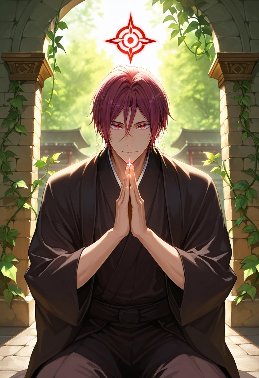 masterpiece, best quality, , semi-realistic, looking at viewer, 1boy, solo, male focus, <lora:rin_matsuoka_ilxl:1>, rin_matsuoka, red hair, red eyes, hair between eyes, temple, vine, stone wall, glowing symbol, sunbeam, praying, kneeling pose, serene expression,