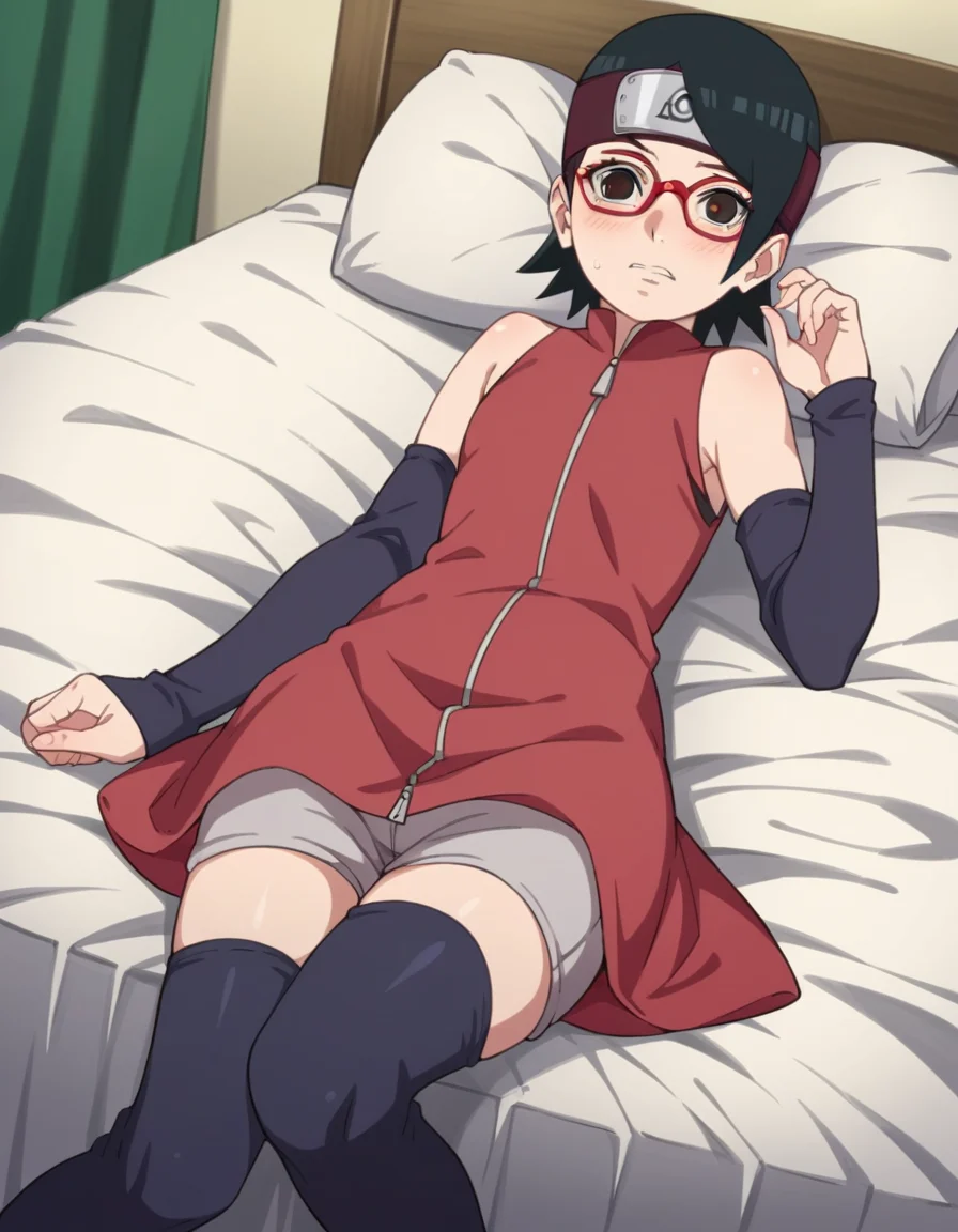 score_9, score_8_up, score_7_up, source_anime,
saradauchiha, <lora:sarada-uchiha-anime-ponyxl-lora-nochekaiser:1>,
sarada uchiha, short hair, black hair, black eyes, red-framed eyewear, glasses, swept bangs,
thighhighs, bare shoulders, detached sleeves, shorts, zipper, toeless footwear, dress, red dress,
indoors, bed, bed room, on side, blush, drunk,
solo, looking at viewer, cowboy shot, dutch angle,