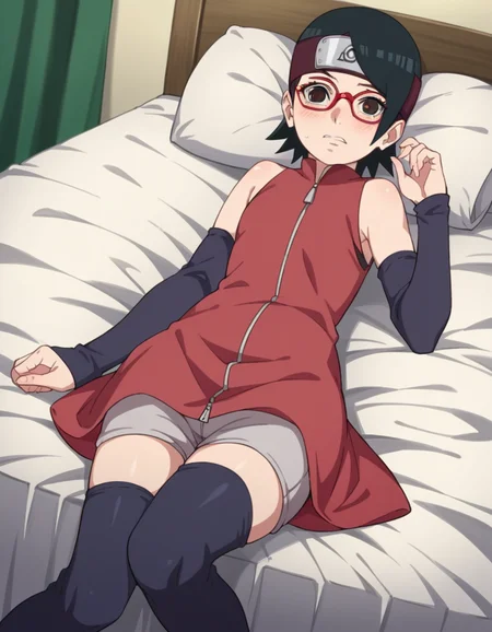 score_9, score_8_up, score_7_up, source_anime,
saradauchiha, <lora:sarada-uchiha-anime-ponyxl-lora-nochekaiser:1>,
sarada uchiha, short hair, black hair, black eyes, red-framed eyewear, glasses, swept bangs,
thighhighs, bare shoulders, detached sleeves, shorts, zipper, toeless footwear, dress, red dress,
indoors, bed, bed room, on side, blush, drunk,
solo, looking at viewer, cowboy shot, dutch angle,