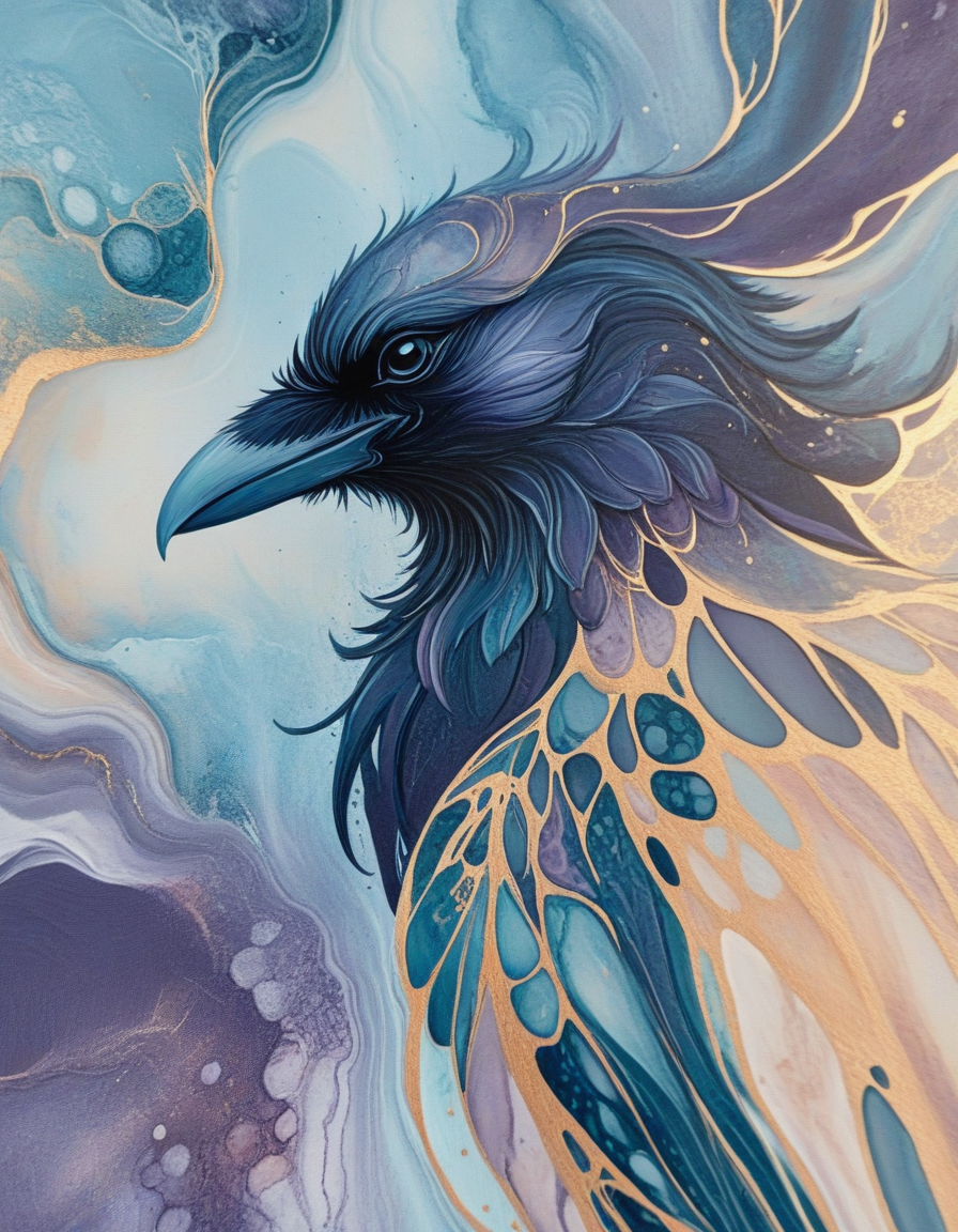 novuschroma86 style victorian raven  marbled paint <lora:novuschroma86 style_blue:1>