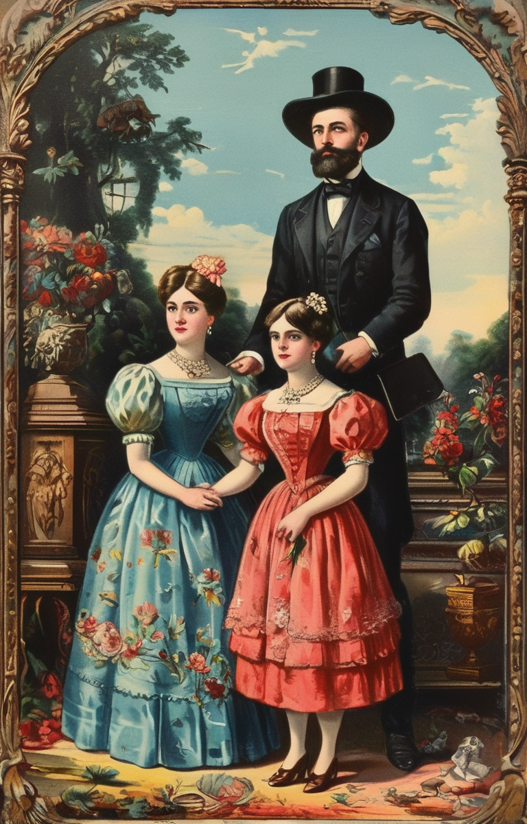 masterpiece,best quality,<lora:tbh261-sdxl:0.9>,illustration,style of Chromolithography portrait of family