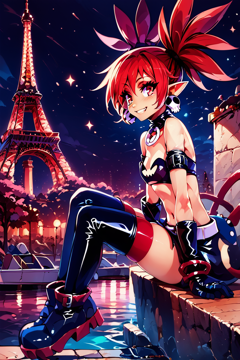score_9, score_8_up, score_8, medium breasts, (curvy), cute, eyelashes,       BREAK, ,  zzEtna, red eyes, red hair, twintails, pointy ears, demon girl,   jewelry, earrings, choker, skull earrings, gloves, thighhighs, tail, wings, belt  <lora:Etna_Disgaea_PDXL:0.8>,  , BREAK, zzEiffelTower in background, sitting, watercraft, boat, sitting on wall, side view, looking at viewer, smile, ,,, BREAK, blooming stars, luminescent petals, otherworldly fragrance blurry background, ,,, embedding:zPDXL, Expressiveh, ,,, <lora:EiffelTowerPDXL:1.0>, <lora:CatalystStylePDXL:0.6>, <lora:SDXLFaeTastic2400:0.5>, <lora:Expressive_H-000001:0.4>,