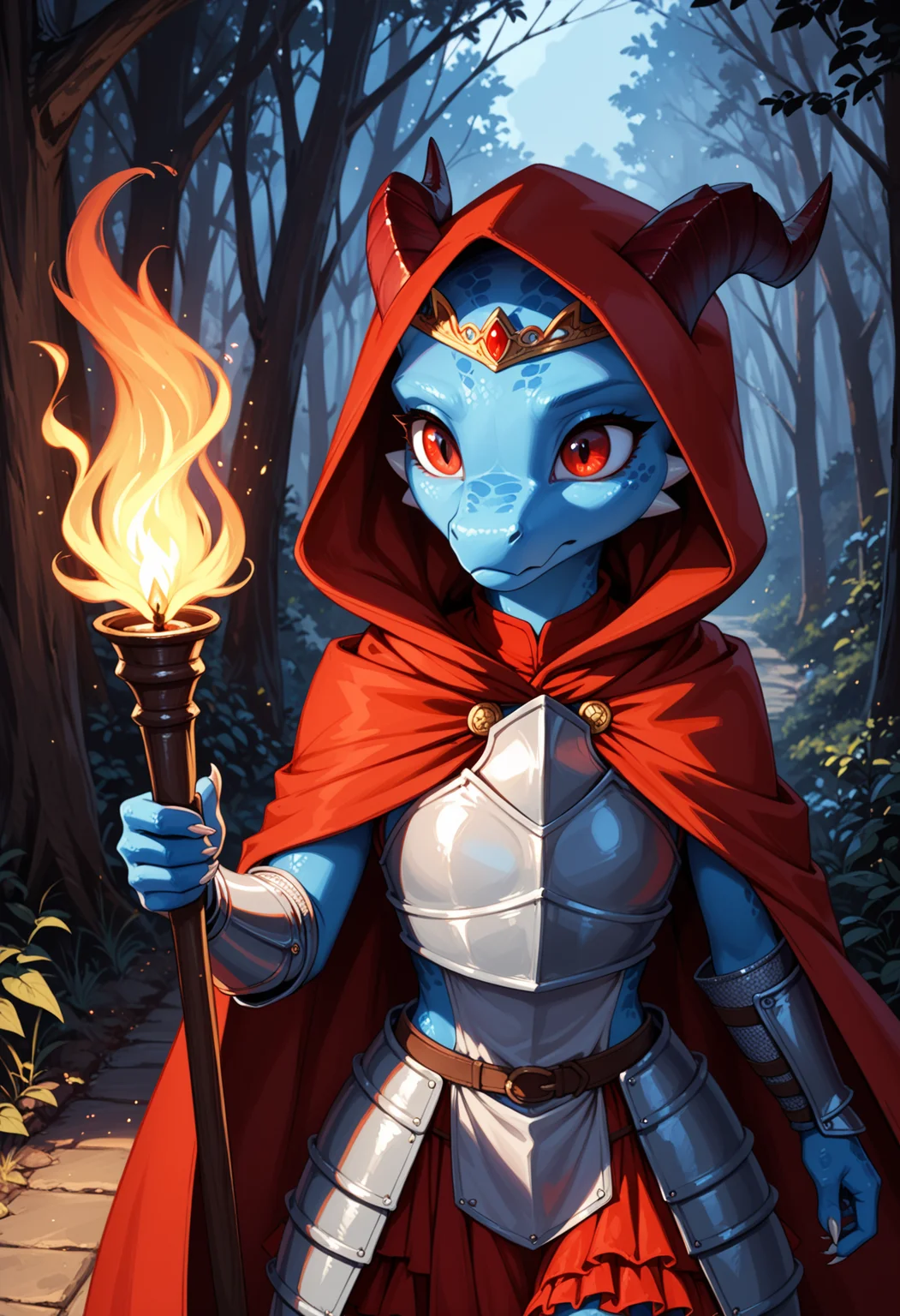 score_9, score_8_up, score_7_up,
source_furry, high quality, perfection, detailed, aesthetic,
detailed background, black background, dark background, concept art, realistic, forest, path, night, shadows,
1girl, solo, upper body,
scalie female, anthro, scalled body, beautiful girl, cute girl, adult, youthful, beautiful face, beautiful eyes, perfect eyes, detailed eyes,
kobold girl, blue scales, blue skin, small breasts, petite girl, red eyes, horns,
(knight armor:1.2), red rims, red fabric, long red frilly skirt, jeweled circlet, coat, tunic, red hooded cloak, fur-trim,
running, dynamic pose, worried, worried expression, holding torch, frowning,
<lora:princess_xl_v2:0.6>, <lora:p_ami_v10_adafactor:0.4>, <lora:incase-ilff-v3-4:0.5>, <lora:CleanDetailed_Eyes:0.25>,âââ