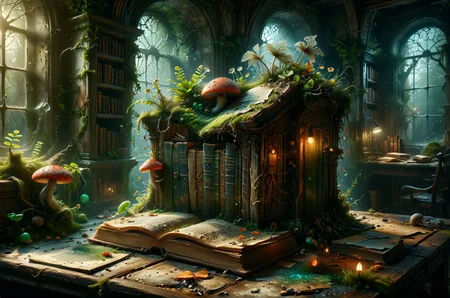 Forgotten library: Cobwebs drape dusty shelves overflowing with ancient tomes in a forgotten library. A faint, green glow emanates from a single book, its pages filled with illustrations of fantastical creatures and forgotten magic. A single fly agaric mushroom rests on the open page, its cap resembling an eye gazing out at the viewer. (Photorealistic, high detail, shallow depth of field) 
award winning artwork,
many details, extreme detailed, full of details,
Wide range of colors., Dramatic,Dynamic,Cinematic,Sharp details
Insane quality. Insane resolution. Insane details. Masterpiece. 32k resolution.
 <lora:add-detail-xl:0.95> <lora:casting shadow style v2:0.1> casting shadow style, cucoloris patterned illumination <lora:CinematicStyle_v1:0.1> <lora:Disturbia:0.1> <lora:dvr-lnds-sdxl:0.1> dvr-lnds-sdxl <lora:Glowstick_SDXL:0.1> mad-glowstick <lora:MJ52:0.2> <lora:princess_xl_v2:0.1> <lora:ral-anmwrlds-sdxl:0.1> ral-anmwrlds <lora:ral-apoctvisn-sdxl:0.1> ral-apoctvisn <lora:ral-cltc:0.1> ral-cltc <lora:ral-dissolve:0.1> ral-dissolve <lora:ral-ertmsphr:0.1> ral-ertmsphr <lora:ral-fluff:0.1> ral-fluff <lora:ral-fntsyrlms-sdxl:0.1> ral-fntsyrlms <lora:ral-mtclniscp-sdxl:0.1> ral-mtclniscp <lora:ral-porcelain:0.31> ral-porcelain <lora:ral-pxlprtcl:0.1> ral-pxlprtcl <lora:ral-vlntxplzn:0.1> ral-vlntxplzn <lora:ral-vbrntacyl-sdxl:0.1> ral-vbrntacyl
