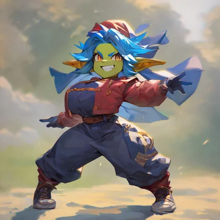 score_9, score_8_up, score_7_up, pikaole no humans animal focus, (GOBLIN GIRL:1.05), full body solo blurry background, cute rating_safe source_furry, (dynamic pose:0.5), pikaole, big breasts, grin skin, pointy ears, standing