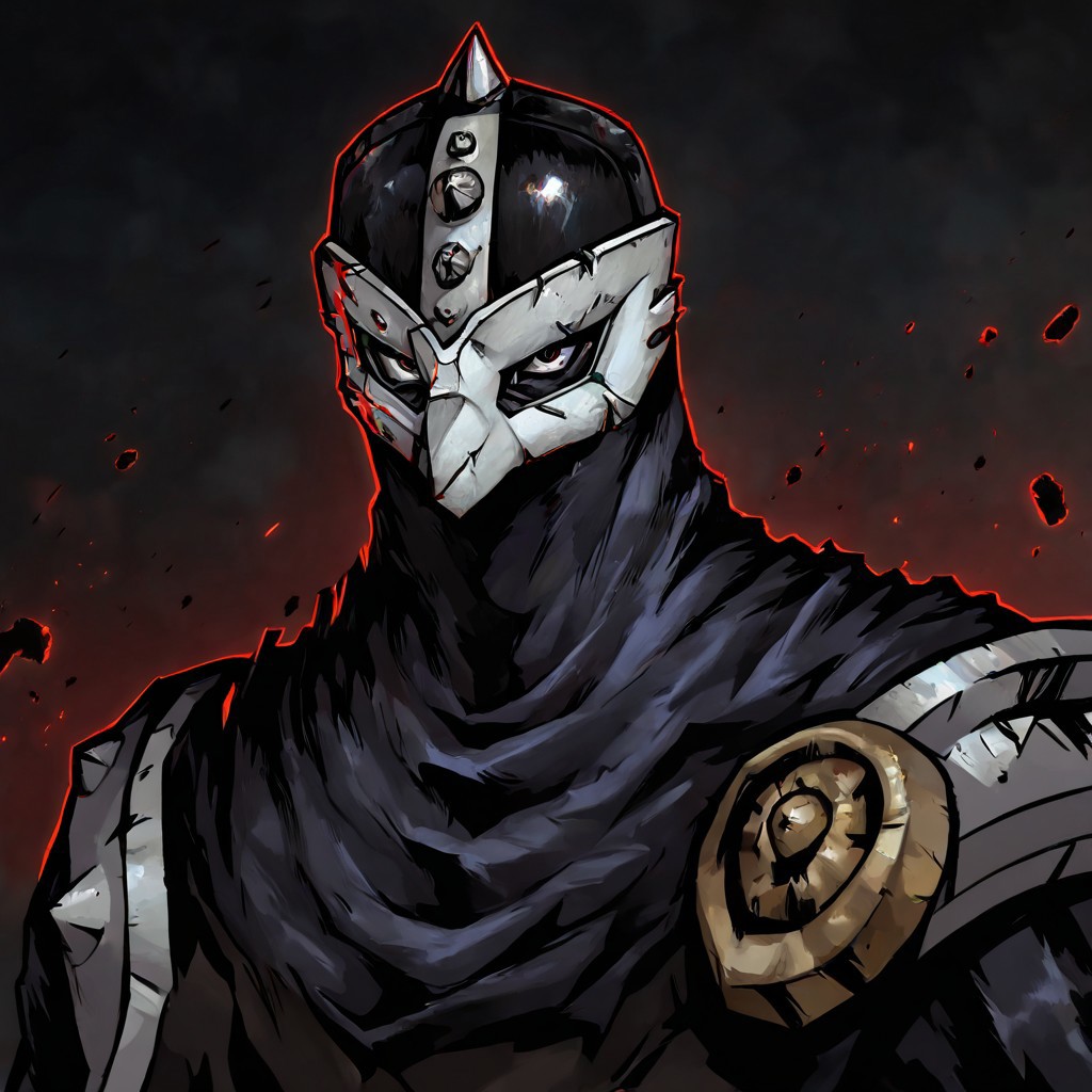 masterpiece, best quality, newest, absurdres, highres, DDstyle, official style, black eyes, shaded eyes, 1boy, DDBH-V1.1, mask, helmet, armor, shoulder armor, spikes,