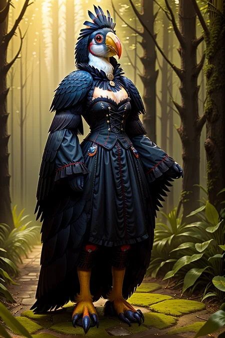 RAW photo, humanoid, a upper body photo of [[man:Toucan:2] ] a werebird bird standing , Toucan, Maid dress,gothic_lolita,temple, forest,muscular female, <lora:100_Toucan_1v_5_1080_0001BD5e_off:0.6> <lora:7_wereanimal_1v5_768_0001BD5e_NR128NA128off-000002:0.4>, best quality ,[[2 dog hands]], in the beautiful sunshine,   facing front, [[furry arms]], furry body ,real detailed furry