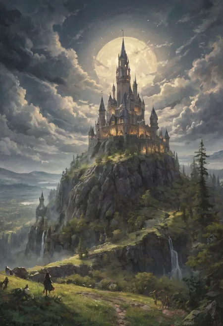 Under the pale glow of the full moon, a magical castle floats serenely among the clouds. This fantastical scene is imbued with a dreamlike quality, the castle's intricate spires and turrets illuminated by the ethereal moonlight. Dark, swirling clouds form a dramatic backdrop, adding a touch of mystery to the scene. The castle itself appears ancient and majestic, with detailed stonework and towering battlements. Soft, glowing orbs of light float around the castle, enhancing the magical atmosphere. The overall mood is one of enchantment and wonder, as if the castle is a hidden sanctuary in the sky. romantic impressionism, dream scenery art, beautiful oil matte painting, romantic, style of Thomas Kinkade, beautiful digital painting, anime landscape, romantic painting, Thomas Kinkade style painting, dreamlike digital painting, colorful painting, beautiful gorgeous digital art, style thomas kinkade, janek sedlar, jenny saville