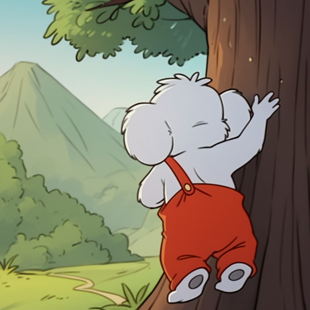 score_9, score_8_up, score_7_up, score_6_up, score_5_up, score_4_up, source_furry, Blinkybb, semi-anthro, male, Koala, grey fur, red overalls, outside, climbing a tree, from behind