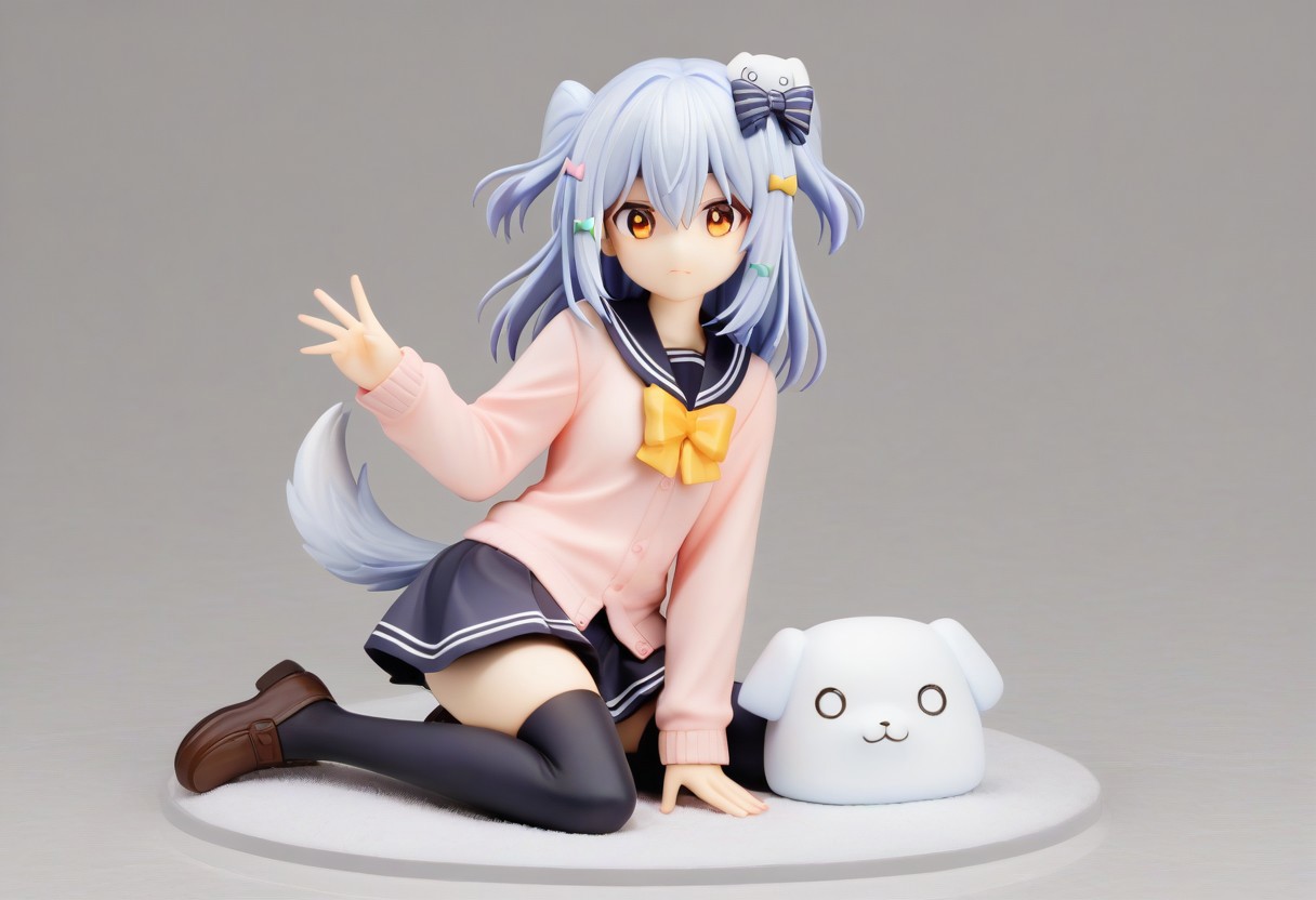 tamakiDefault, 1boy, dghd, dog hair ornament,  blue hair, grey hair, two side up, orange eyes, hair between eyes, dog tail, otoko no ko, multiple hair bows,  black bow, yellow bowtie, black skirt, black thighhighs, brown footwear, pink cardigan,