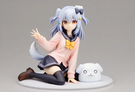 tamakiDefault, 1boy, dghd, dog hair ornament,  blue hair, grey hair, two side up, orange eyes, hair between eyes, dog tail, otoko no ko, multiple hair bows,  black bow, yellow bowtie, black skirt, black thighhighs, brown footwear, pink cardigan,