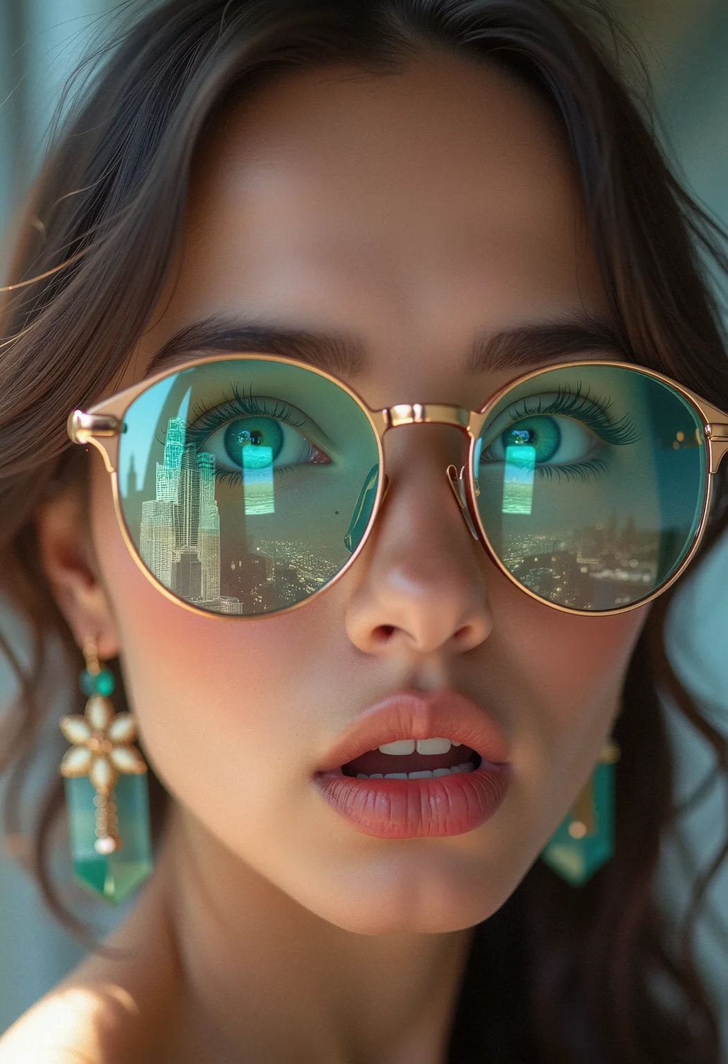 Closeup of female rose glases reflecting city scape from a skyscraper. Emerald Earring, surprised beautiful expression, blue eyes glancing at viewer. Incredible quality, high detail, hair style.