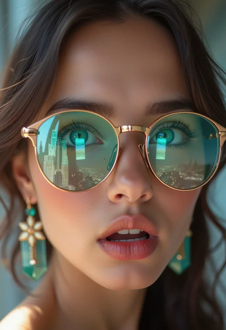 Closeup of female rose glases reflecting city scape from a skyscraper. Emerald Earring, surprised beautiful expression, blue eyes glancing at viewer. Incredible quality, high detail, hair style.