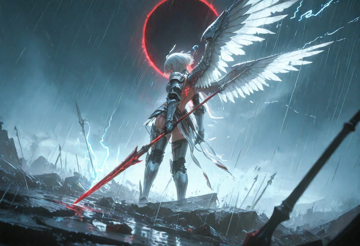 destroyed battlefield background, dynamic angle, dynamic pose, corruption, oozing bloodlust, great composition, an epic eclipse, masterpiece, high-quality, photorealistic mythic warrior scene, An armored valkyrie. Her short, platinum hair drips with rain, plastered to her stern face as lightning etches the horizon in dazzling forks. Silver wings at her back bristle with brilliant, reflective plumage, each feather rendered in hyperdetailed clarity. A massive spear etched with runes stands upright at her side, buzzing with latent thunderous energy. The cinematic scale of the swirling tempest around her instills a breathless sense of epic grandeur and raw elemental power