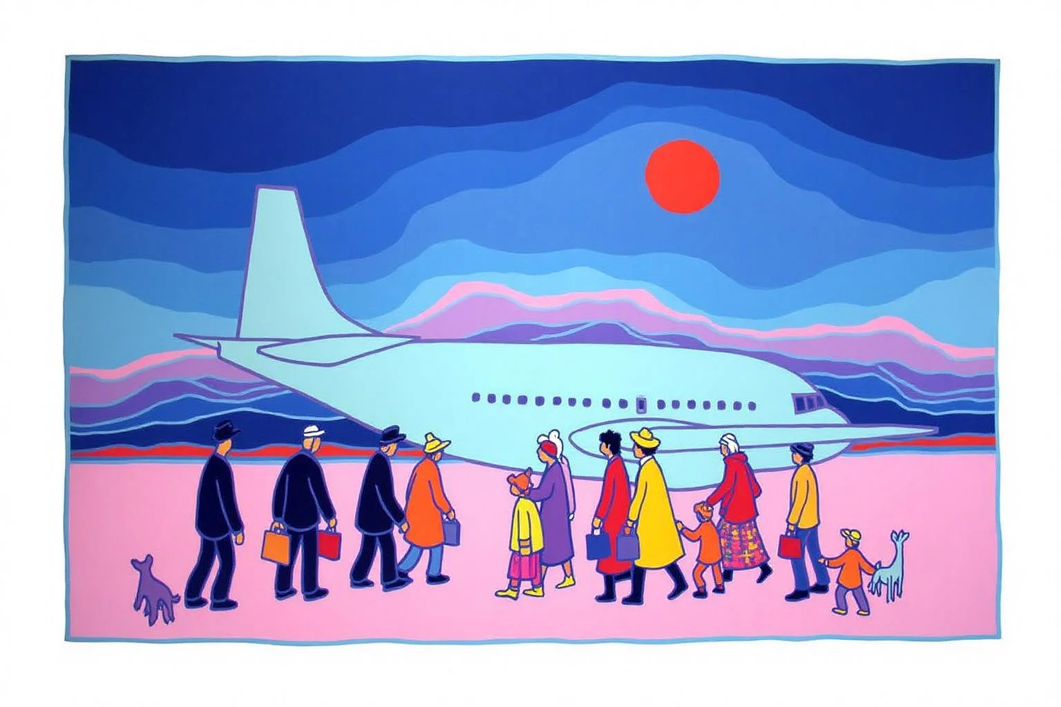 teha1 illustration.
The scene depicts a group of people boarding a large, light blue airplane on a snowy, pink ground. There is a red sun in the sky. The sky is painted with bands of blue, purple and pink. <lora:teha1_cap_d6a3e11:1.0><lora:827663545664627792:0>