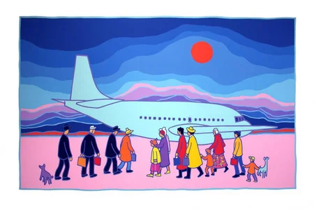 teha1 illustration.
The scene depicts a group of people boarding a large, light blue airplane on a snowy, pink ground. There is a red sun in the sky. The sky is painted with bands of blue, purple and pink. <lora:teha1_cap_d6a3e11:1.0><lora:827663545664627792:0>