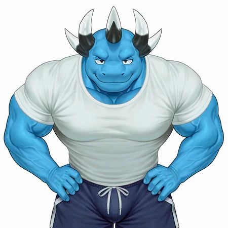((e621, furry)), ((anthro)),((on model)), masterpiece, best quality, very aesthetic, absurdres, detailed eyes, (solo:1.1), male, muscular, anthro, CCobalt, , multi-horn, Blue body, Komodo dragon, darker legs, black eyes, Male, 1boy, wearing white t shirt, wearing blue shorts, smirking, white background, transparent background, cowboy-shot,three-quarter portrait, ((on model)), <lora:Cobalt:0.8>, <lora:raccoon21:1> r4cc00n21, earless