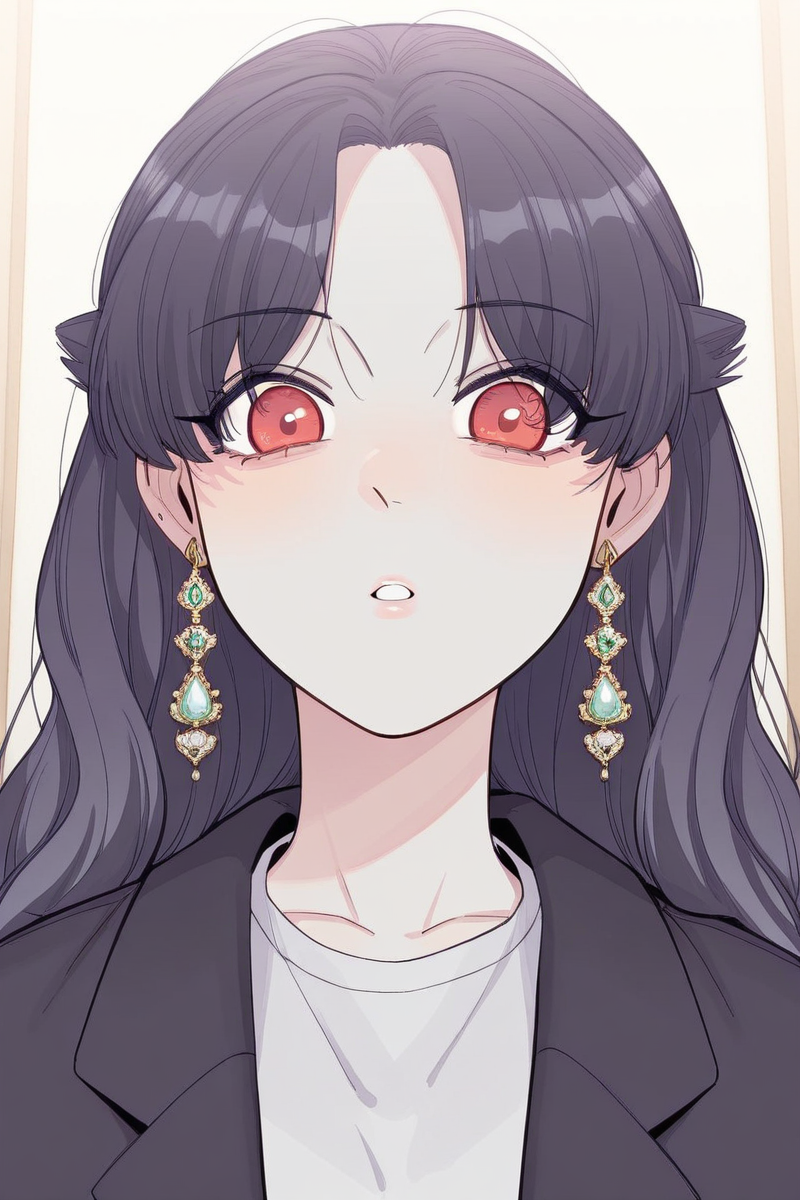masterpiece, best quality, amazing quality,
 <lora:Girltrap_IL:1> strgrltrp, 1girl, jewelry, earrings, solo, long hair, red eyes, looking at viewer, black hair, parted bangs, black jacket, parted lips, bangs, shirt, kurosan