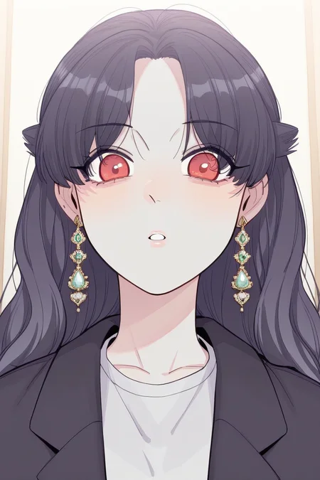 masterpiece, best quality, amazing quality,
 <lora:Girltrap_IL:1> strgrltrp, 1girl, jewelry, earrings, solo, long hair, red eyes, looking at viewer, black hair, parted bangs, black jacket, parted lips, bangs, shirt, kurosan