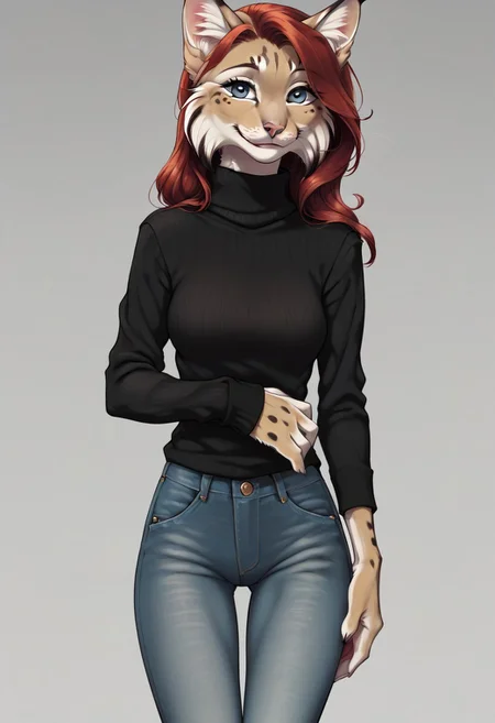 digital_media_(artwork) hi_res, score_9, score_7_up, score_6_up, source_furry, rating_safe, anthro, furry, female, furry female, detailed textured fur, fur tufts, lynx, red hair, blonde brown fur, spots, beautiful blue eyes, medium breasts, covered breasts, slim, slender, turtleneck sweater, denim jeans, smile, SFW,