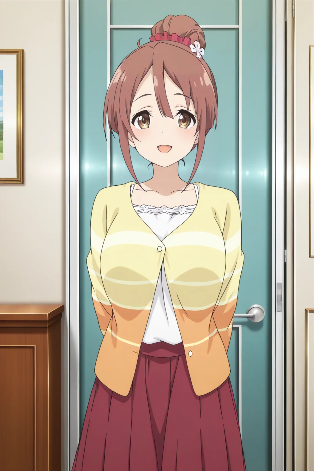 anime screenshot, 1girl, solo, shinomiya shiori, brown hair, single hair bun, red scrunchie, hair scrunchie, hair flower, brown eyes, large breasts, yellow cardigan, orange cardigan, striped cardigan, multicolored cardigan, long sleeves, white camisole, red skirt, pleated skirt, long skirt, looking at viewer, smile, open mouth, cowboy shot, indoors, masterpiece, best quality, high quality, highres, absurdres, <lora:shinomiya_shiori_ILXL:0.9>