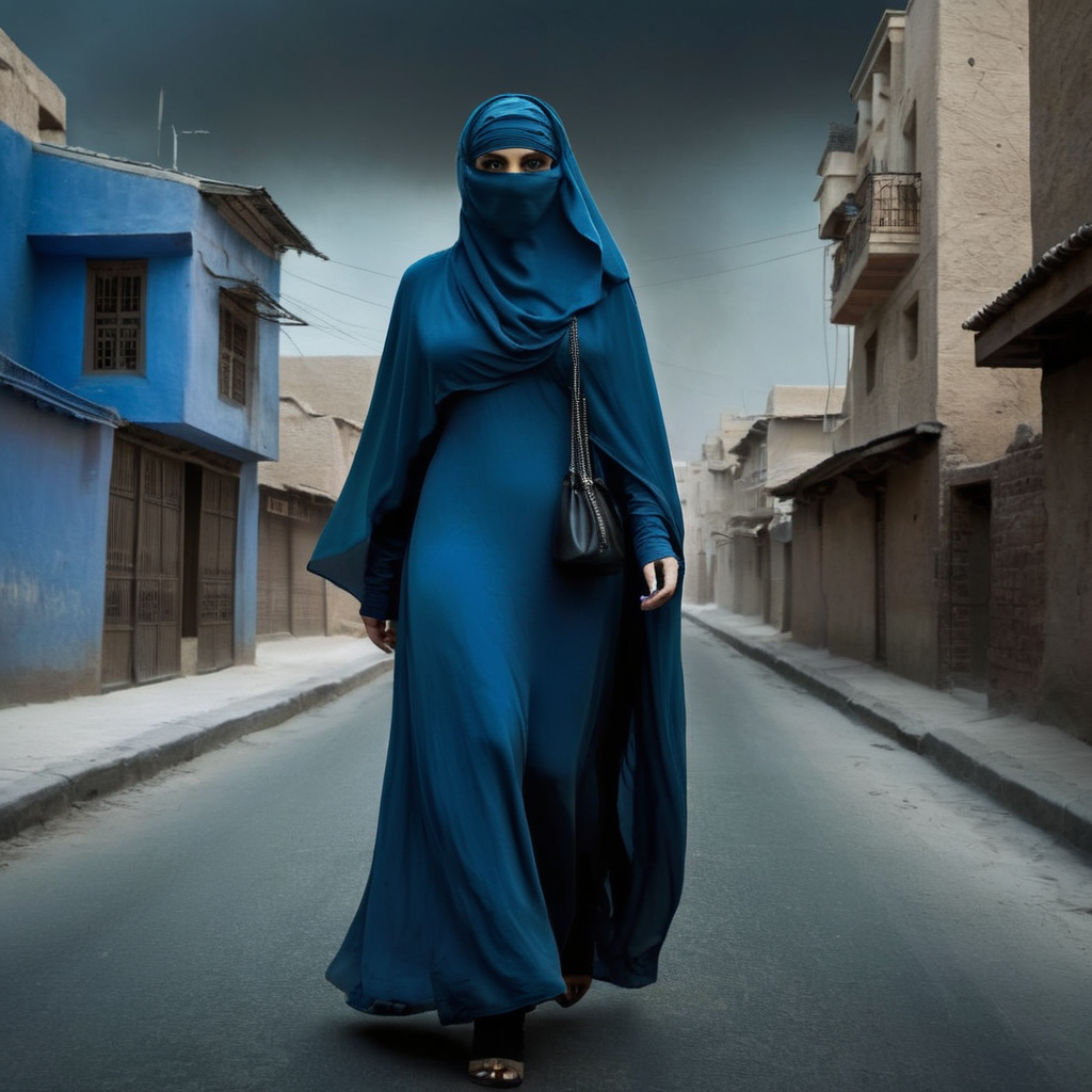 Dark Fantasy Art of  <lora:burqa:1>
a woman in a blue burqa walking down a street burqa style, dark, moody, dark fantasy style