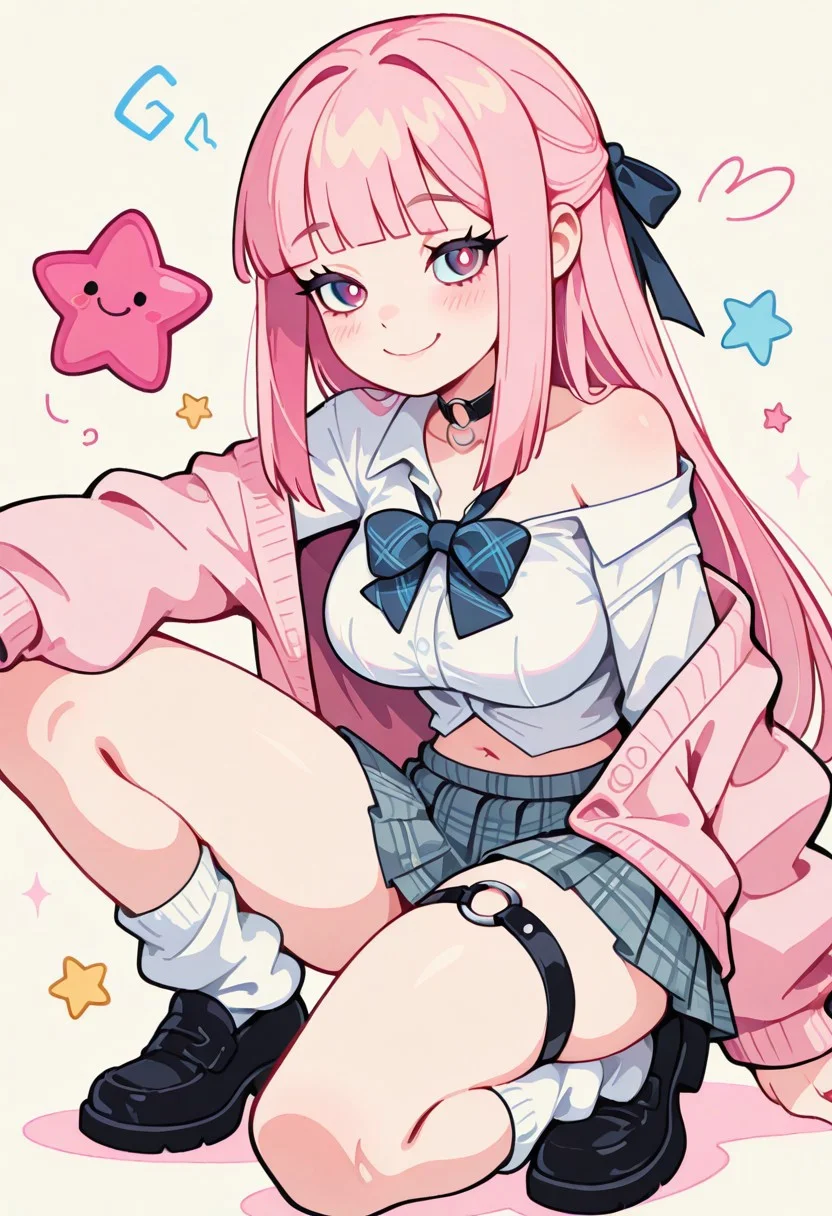 1 girl , solo , blushing , closed mouth , bratty smile , eyelashes , cute , long straight hair , blunt bangs , winking , star , ribbon , hair ribbon ,
large breasts, slim , slender , navel ,
thigh strap, choker, o-ring choker, pink cardigan, bowtie, white shirt, shirt open, tucked in, plaid skirt, pleated skirt, bare shoulder, white socks, loose socks, black footwear,
squatting,
masterpiece, best quality ,amazing quality ,S4bit4mago_illu , Protoneon ,s0wasow4rt_illu, t1m3r