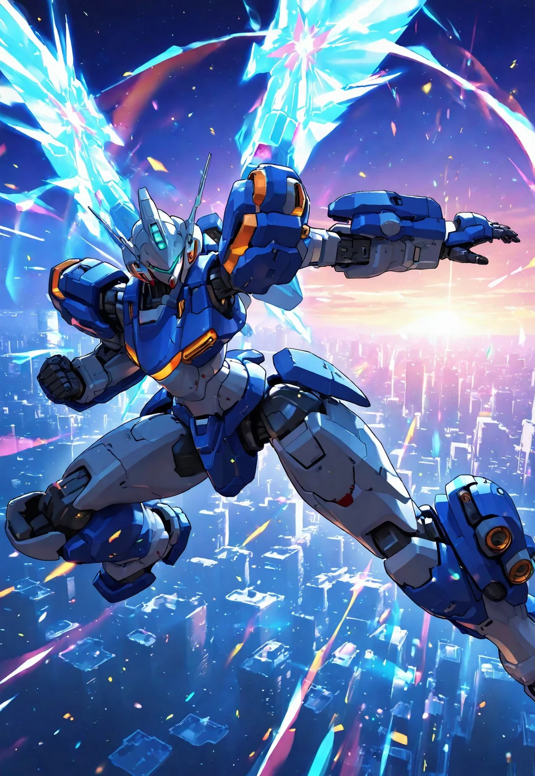 masterpiece, best quality, newest, very aesthetic, absurdres, dynamic pose, cityscape, R-RRS, MECHA-BACK-UNIT, MECHA-HUGE-ARMS, fighting pose