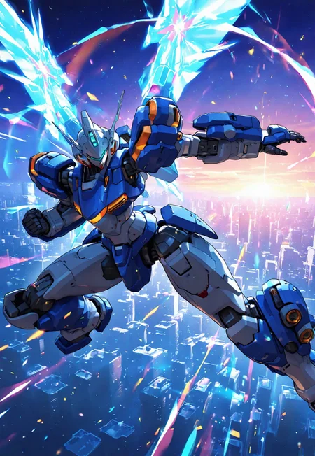 masterpiece, best quality, newest, very aesthetic, absurdres, dynamic pose, cityscape, R-RRS, MECHA-BACK-UNIT, MECHA-HUGE-ARMS, fighting pose