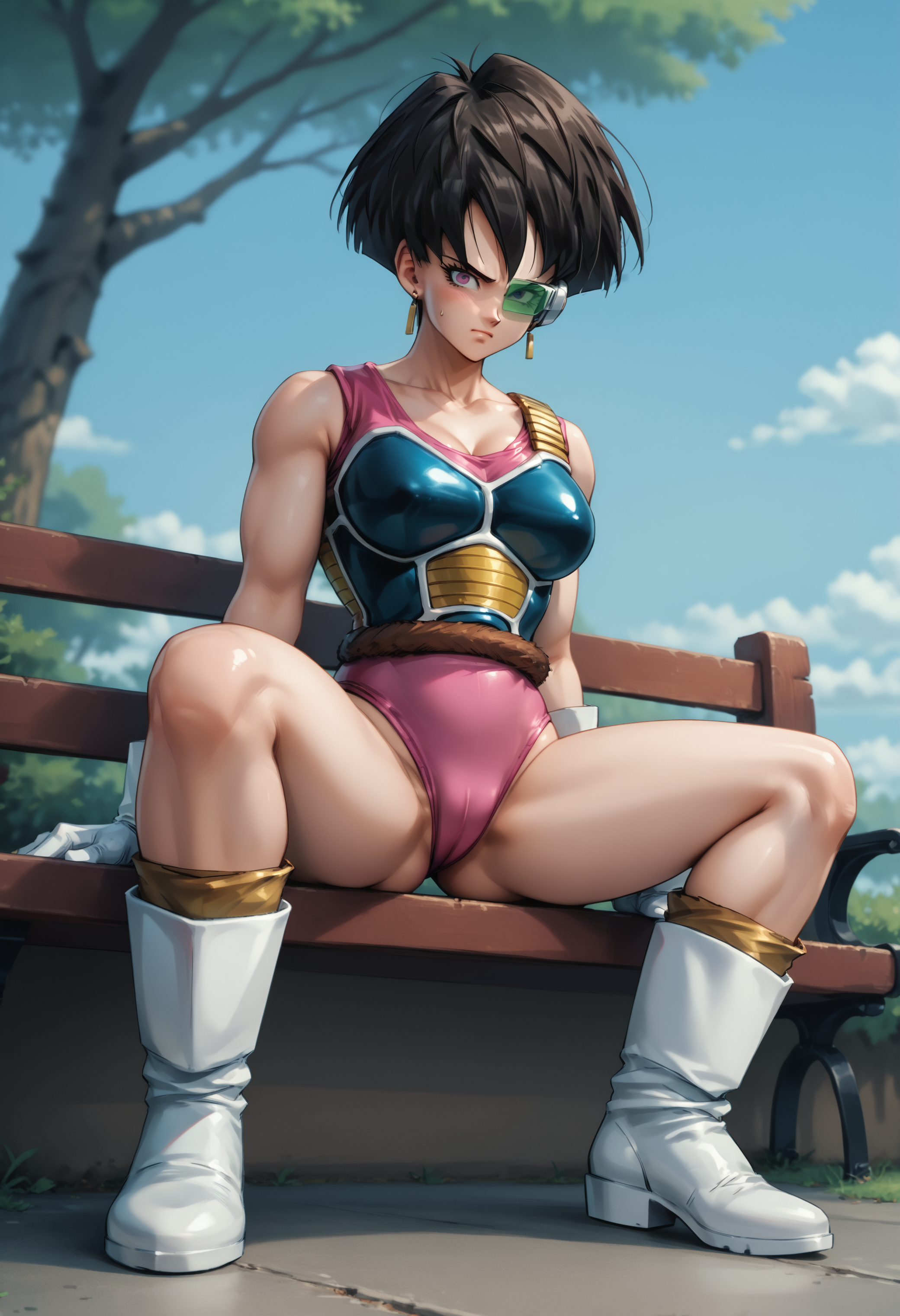 score_9, score_8_up, score_7_up, score_6_up, source_anime, anime coloring, dutch angle, teasing viewer, shy, 1girl, full body, <lora:Fasha:0.9> fasha, saiyan armor, gloves, boots, short hair, monkey tail, pink leotard, earring, eyewear BREAK seated in a bench, in a  tree park, big chest , seen from below, spread legs