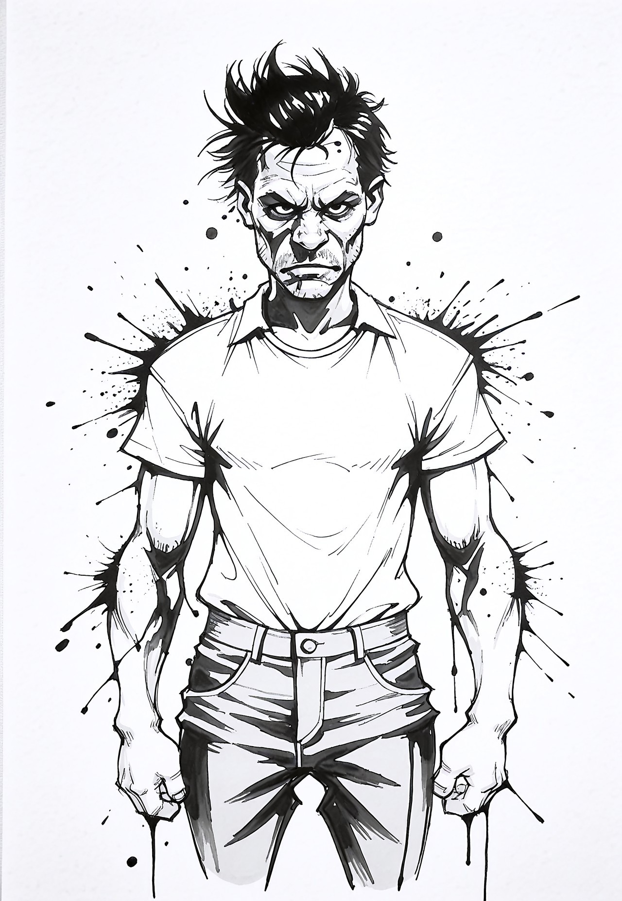 masterpiece, best quality, 1nkPnk, monochrome, greyscale, solo, traditional media, sketch, 1boy, male focus, rough sketch, messy, comic art style, ink splatter