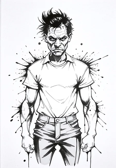 masterpiece, best quality, 1nkPnk, monochrome, greyscale, solo, traditional media, sketch, 1boy, male focus, rough sketch, messy, comic art style, ink splatter