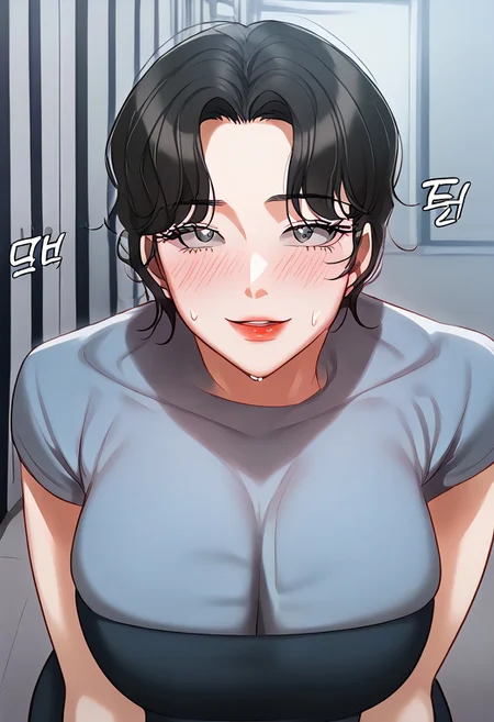 score_9, score_8_up, score_7_up, ASCII masterpiece, source_anime, BREAK, 1girl, milf, solo, (( <lora:oh_hye-rim:1> , oh_hye-rim, thin waist, wide hips, beautiful skin, beautiful dark grey eyes, clear eyes, bright pupils, beautiful eyes, beautiful black hair, beautiful short hair, huge and shaggy breasts, natural beauty, extraordinary beautiful woman, attractive woman, super sexy woman, lustful body, sexy woman with seductive obscene body, sensual body, voluptuous body, sexy beauty, no piercings, no piercing, )) , obscene cleavage, huge cleavage , uncensored, very detailed, high detailed texture, (prison background), sweaty, 1girl, ((mugshot)), ((orange prison jumpsuit, short-sleeves orange shirt with orange collar, orange pants,)) , high details, red blush on face, nervous expression, <lora:shiBreastSqueezeV1:1>,shibreastsqueeze, huge breasts, blush, looking at viewer, leaning forward, smug, seductive smile,