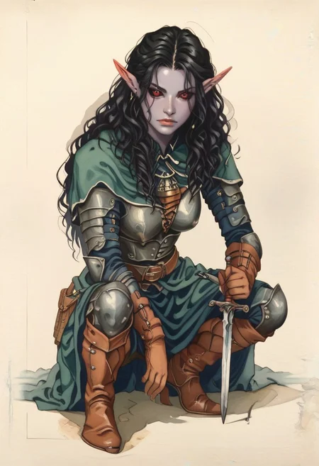 PDXLxxx ((score_9, score_8_up, score_7_up)), masterpiece, perfect anatomy, perfect face, 1girl, oblivionarts BREAK dark hair, long hair, shaved sides, short pointy ears, red eyes, black sclera, gray skin, large breasts, fit BREAK leather armor, leather gloves, holding dagger BREAK simple background, traditional art, medieval, crouching