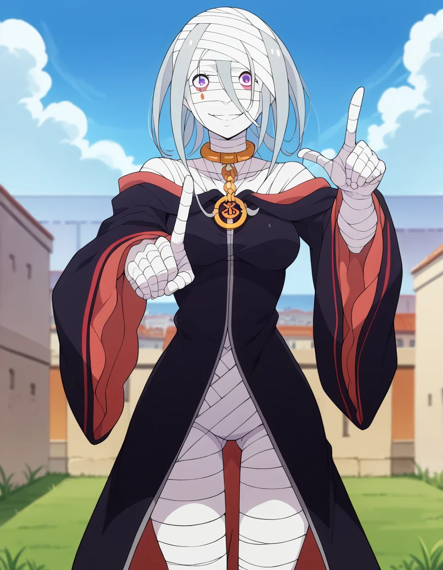 score_9, score_8_up, score_7_up, source_anime, <lora:sirius-romanee-conti-s3-p1-ponyxl-lora-nochekaiser:1>, sirius romanee conti, long hair, purple eyes, white hair, bandages, bandaged head, bandaged neck, bandaged arms, bandaged legs, bandaged hand, bandaged chest, bandaged torso, bandaged wrist, bandaged knees, medium breasts,, wide sleeves, robe, off-shoulder, black robe,, hill, grass, open, landscape, sky, smile, <lora:koi-dance-ponyxl-lora-nochekaiser:1>, koi dance, index finger raised, dancing, outstretched arm, pointing at viewer, pointing, pointing up,, looking at viewer, solo,, dutch angle, cowboy shot