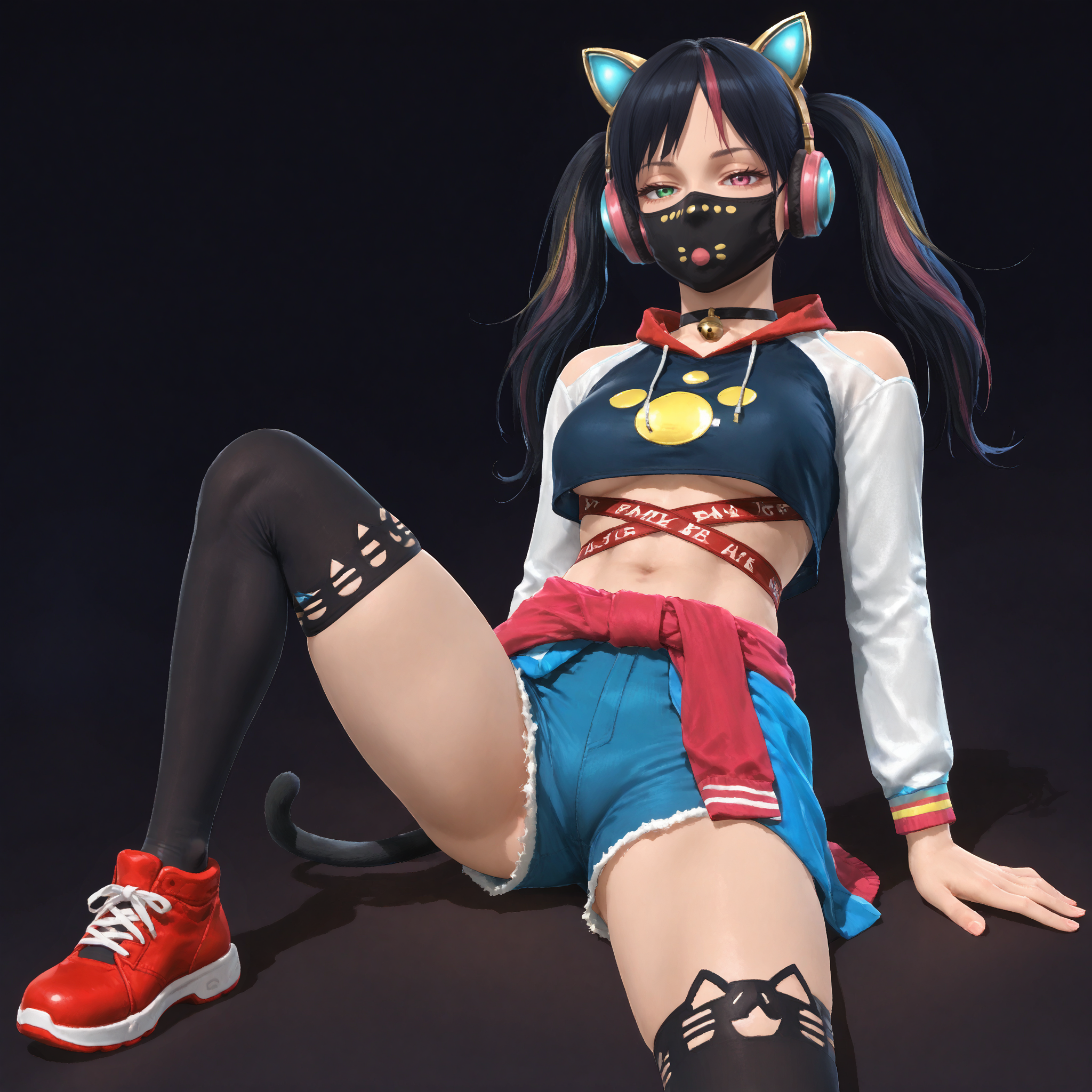  embedding:zPDXL3.safetensors ,  embedding:zPDXLxxx.pt , score_9, score_8, score_7_up, source_anime, anime screencap, beautiful, detailed, sharp lines, best quality, 8k resolution, textured skin, ultra detailed, clear face, high contrast, detailed face, masterpiece, top quality, super detailed, sharp focus, highly detailed, absurdres, accurate, perfect face, award winning, rating_explicit,, Expressiveh, handfixer,
 PackageCatitude, 1girl, twintails, multicolored hair, streaked hair, blue hair, long hair, black hair, pink hair, heterochromia, green eyes, pink eyes, tail, cat tail, bow, tail ornament, tail bow, thighhighs, black thighhighs, fake animal ears, cat ear headphones, animal ear headphones, animal ears, mask, choker, animal ear legwear, headphones, (mouth mask:1.2), cat ears, neck bell, over-kneehighs, long sleeves, navel, shorts, clothes around waist, jacket, shoes, midriff, crop top, sneakers, red footwear, jacket around waist, letterman jacket, clothes writing,,
 gaming arcade,,
 laying back, one arm resting behind head, one leg bent, covered breasts, eyes closed, (focus on legs:1.2),,
 mouth mask, shiny eyes,,
<segment:girl's face,0.55,0.2//cid=11> score_9, score_8, score_7_up, absurdres, masterpiece, detailed face, perfect face, correct face, perfect anatomy, accurate, award winning, sharp lines, beautiful, extremely detailed, source_anime, anime screencap,, (mouth mask:1.3),  mouth mask, shiny eyes,,  PackageCatitude, 1girl, twintails, multicolored hair, streaked hair, blue hair, long hair, black hair, pink hair, heterochromia, green eyes, pink eyes, tail, cat tail, bow, tail ornament, tail bow, thighhighs, black thighhighs, fake animal ears, cat ear headphones, animal ear headphones, animal ears, mask, choker, animal ear legwear, headphones, (mouth mask:1.2), cat ears, neck bell, over-kneehighs, long sleeves, navel, shorts, clothes around waist, jacket, shoes, midriff, crop top, sneakers, red footwear, jacket around waist, letterman jacket, clothes writing,,
<segment:girl's feet,0.4,0.45//cid=12> score_9, score_8, score_7_up, (perfect feet:1.1), correct feet, detailed feet, (5 toes), perfect toes, correct toes, detailed toes, perfect soles, correct soles, detailed soles, perfect anatomy, perfect toenails, feet,,