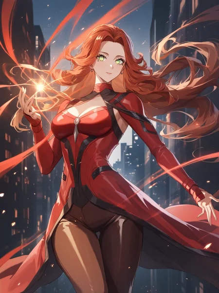 masterpiece, best quality, very aesthetic, absurdres, .,, Wanda Maximoff, (Height, Approximately 5 feet 7 inches (170 cm), balanced and elegant stature:1), (Build, Slim and toned, with a graceful and proportionate figure:1), (Hair, Long, wavy, auburn hair that cascades past her shoulders. hair appears more reddish, Hair leans towards brown:1), (Eyes, Hazel or green eyes, expressive and piercing, often glowing red when sheâs using her powers:1), (Skin, Fair complexion with a smooth and radiant appearance:1), . , <lora:skyline-abstract:0.5>, background, scenery, (city, cityscape, city lights, street, abstract background:0.7), <lora:wabstyle:1><lora:wabstyle:1><lora:wabstyle:1><lora:wabstyle:1>