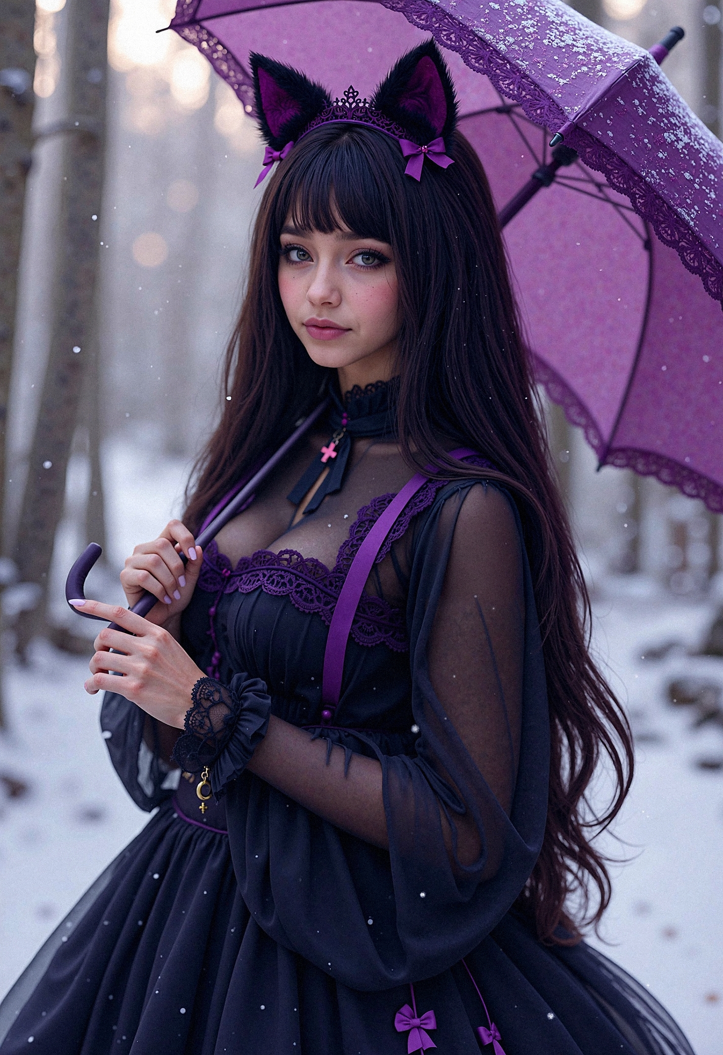 hyper-realisitic, hyper-detailed, detailed foreground,  RAW photo, detailed clothing, detailed lighting, midjourney_whisper_innocent_eyes, Cammi3_S full-body 3D render of gothic girl, standing confidently in snowy enchanted forest, purple umbrella with lace trim, layered black gothic dress adorned with purple ribbons and crosses, cat ears with bows and crown, hyper-realistic materials, soft volumetric lighting illuminating frosted environment, snow particles suspended in air, photorealistic skin and makeup, cinematic framing with depth of field, fantasy realm with gothic elegance, AAA level fantasy character design, detailed environment textures                              <lora:Cammi3_S:0.7500000000000001> <lora:MoriiMee_Gothic_Niji_Style_FLUX:0.30000000000000004>