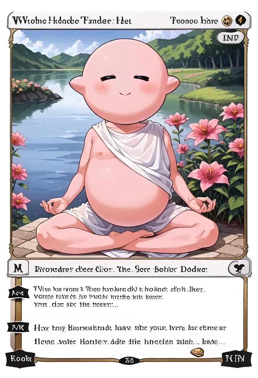 score_9, score_8_up, score_7_up,
source_anime,
BREAK 
soro,LongKirby,  pink body, blush,
sleeping,
closed eyes,
closed mouth,
droolong,
BREAK
hud_m3dit4tion, indian style, sitting, on floor,barefoot,
c4rd,english text,character name, shiny card, 
outdoors, lake, day, flower,
 facing viewer,