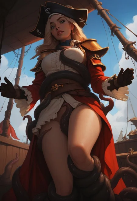 score_9, score_8_up, score_8_up, 1 girl, g0thicPXL, Elizabeth Swann from Pirates of the caraïbean, 18 years hold, (((standing groped by tentacles))), bottom view, (((pirate ship deck))), leg lift, boobs out, arms tied, hips grab, outdoor, on deck,