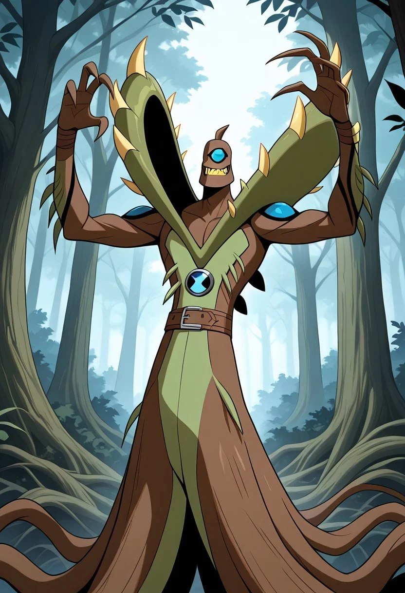 , masterpiece, best quality, amazing quality, very aesthetic, absurdres, newest,
wildvine, solo, , alien, monster, one eye, blue eye, green skin, , spikes, claws, yellow teeth, smile,, no hair, 1boy, Digimon, 
brown skin, wooden skin, dark brown skin, raised arms, tree transformation, holding tree branches, tree cosplay, tree costume, 
 dynamic pose, statue pose,