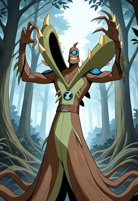 , masterpiece, best quality, amazing quality, very aesthetic, absurdres, newest,
wildvine, solo, , alien, monster, one eye, blue eye, green skin, , spikes, claws, yellow teeth, smile,, no hair, 1boy, Digimon, 
brown skin, wooden skin, dark brown skin, raised arms, tree transformation, holding tree branches, tree cosplay, tree costume, 
 dynamic pose, statue pose,