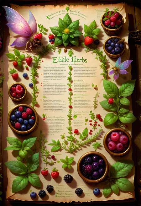 a magical fairy chart of edible herbs and berries, cute, fantasy art, high quality, concept art, magical artifact, game art, parchment, fantasy foods, 8k, absurdres, sitting on a fae scholar's desk <lora:FaeTastic2:0.5>