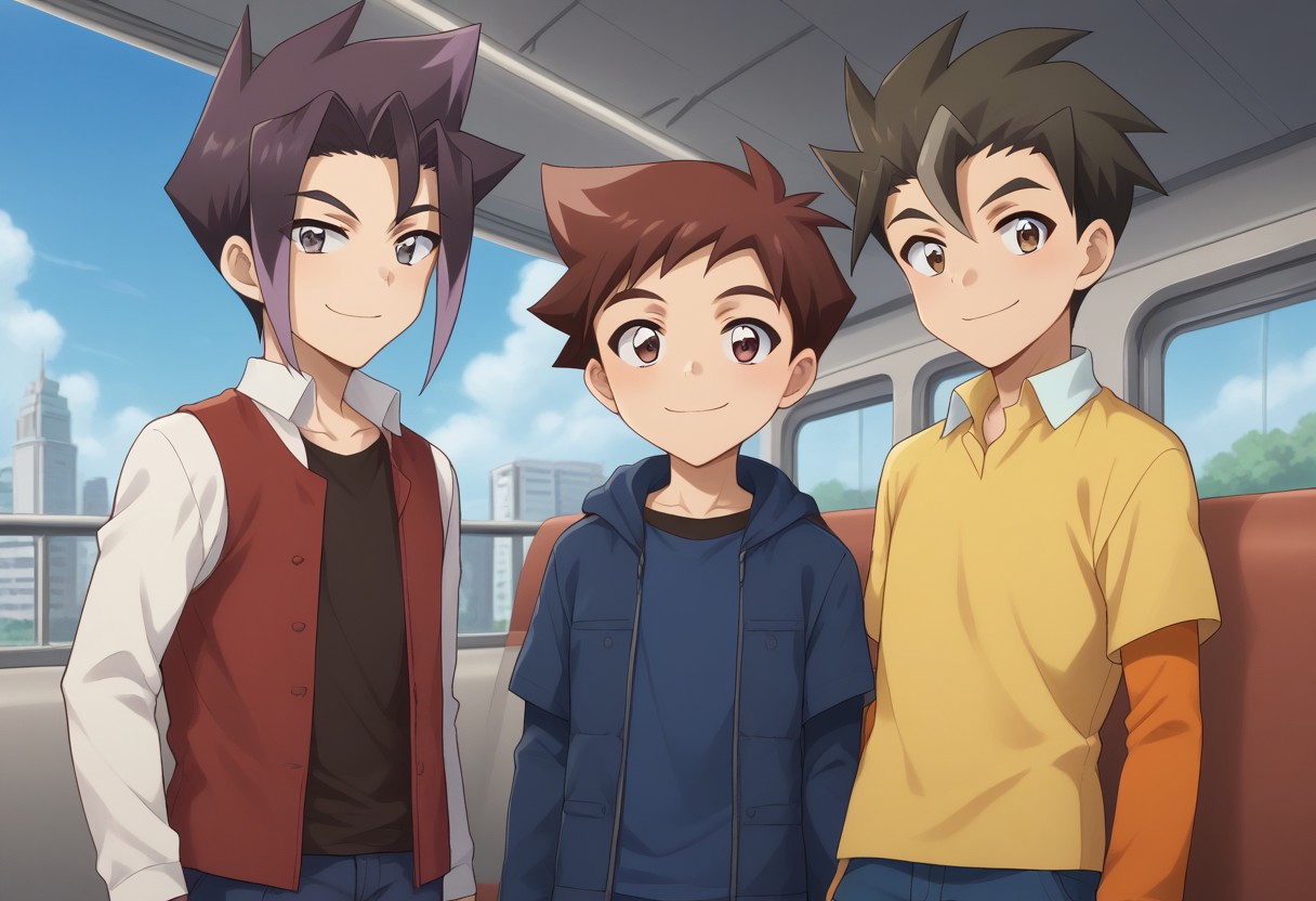 score_9, score_8_up, score_7_up, source_anime, highly detailed, 3boys,
hayato, 1boy, brown hair, male focus, brown eyes, spiked hair, shirt, white shirt, stripe, blue stripe, long sleeves, blue sleeves, BREAK
akita, 1boy, male focus, black hair, bangs, multicolored hair, purple hair, black shirt, grey eyes, crimson t-shirt, red vest, long sleeves, BREAK
tsuranuki, 1boy, male focus, shirt, pants, blue pants, brown eyes, spiked hair, long sleeves, yellow shirt, orange sleeves, collared shirt, BREAK
outdoor, train, shinkansen, sky,
posing for a photo, smile, v sign,