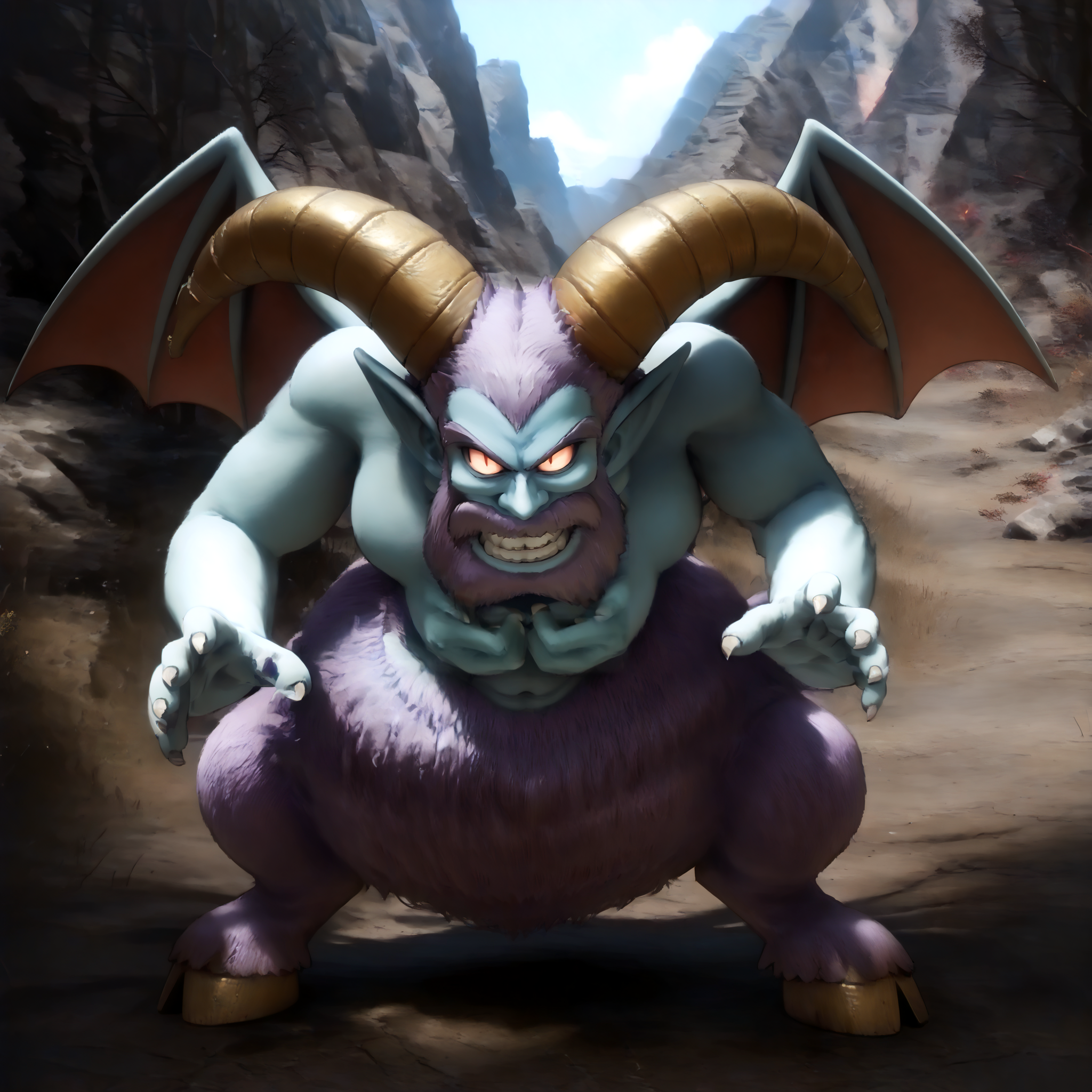 score_9,score_8_up,score_7_up,best quality,masterpiece,super detailed,extreme detailed,full_body,zPDXL,source anime BREAK nature,forest,no humans,
<lora:Pony_DetailV2.0:1>,barbatos_(dq),demon horns,demon wings,demon tail,colored skin,<lora:barbatos_(dq):0.9>,grin,looking at viewer,