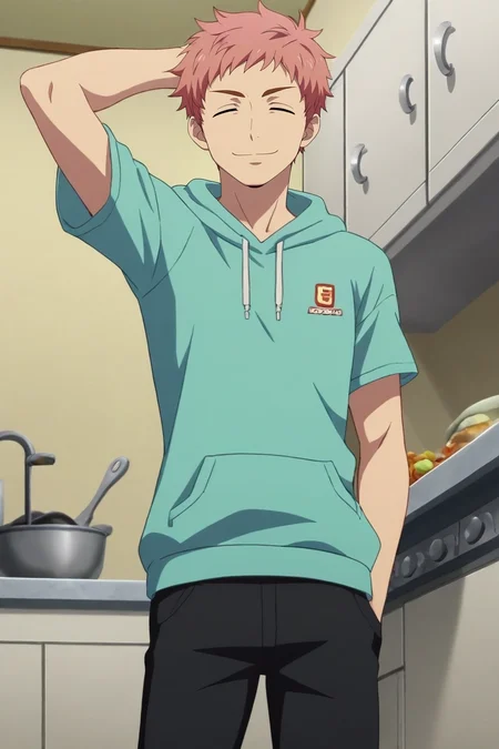 score_9, score_8_up, score_7_up, , rating_safe, intricate details, anime screencap, , official style, looking at viewer, , 1boy, solo, male focus, <lora:renzou_shima_pony:0.74>, renzou_shima, pink hair, brown eyes, short hair, from below, kitchen, indoors, dark, arm up, (closed eyes:1.2), smile, male Twenty-something Sinewy, Berber, Hazel eyes, Straight Forehead, Defined Jawline, , Ginger Quiff hair, Pity, wearing Golf pants, Striated Taffeta LavenderGray Crew neck sweatshirt, , ,, Arms folded, conveying defensiveness, <lora:sdxl_lightning_8step_lora:1>