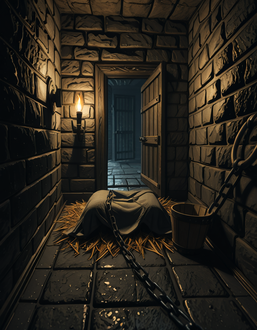 A hyper-realistic photo of a dark medieval dungeon cell inspired by Skyrim, with cold, damp stone walls covered in patches of moss and cracks. The floor is made of uneven cobblestones, partially wet with small puddles reflecting dim torchlight. An old, rusted iron-barred door is slightly ajar, casting long shadows on the ground. In the corner, a pile of straw serves as a makeshift bed, with a thin, tattered blanket thrown over it. Chains and shackles hang from the walls, showing signs of centuries of use. A small wooden bucket sits beside the bed, used as a primitive toilet. The atmosphere is heavy and oppressive, filled with a faint mist in the air. The only source of light comes from a single flickering torch mounted on the wall outside the cell, creating dramatic, warm orange glows contrasting with deep, cold shadows. The photo is taken from a slightly low angle, as if from the perspective of someone crouched on the floor inside the cell, adding a sense of claustrophobia and confinement. Ultra-realistic textures, high detail, cinematic lighting, 4K quality.
<lora:SDXLFaeTastic2400:0.4> <lora:extremely_detailed:0.4> extremely detailed,,dungeon c3ll <lora:dungeon_c3ll-i:1>, Masterpiece,best quality,hi res,8k,hi res,8k,award winning,(sharp focus, intricate, highly detailed),