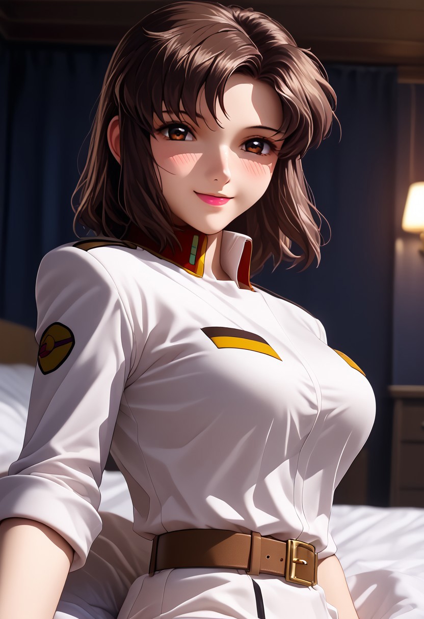 score_9,score_8_up,score_7_up,source_anime, 
1girl, solo, murrue ramius, murrue, 
brown hair
white uniform, white skirt, pantyhose, belt, 
breasts, large breasts, 
looking at viewer, smile, blush, 
nebakku, lying, 1girl, sex, 1boy, sex, 
indoors, bedroom, dorm, bed, dark background, bokeh, volumetric,