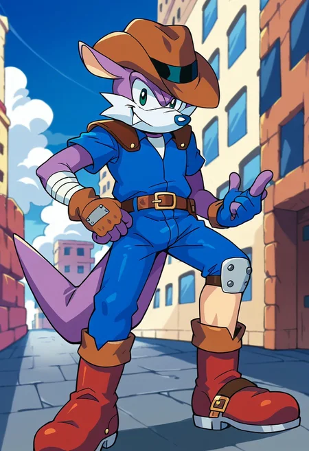 score_9, score_8, score_7, 1man, solo, furry, anthro, source_cartoon, Fang the Sniper, purple skin, cowboy hat, gloves, belt, boots, city, daytime, looking at viewer, dynamic, blue jumpsuit, blue pants, blue shirt, short sleeves, brown shoulder armor, blue fingerless gloves, bandaged arm, asymmetrical legwear, red boots, short, short body