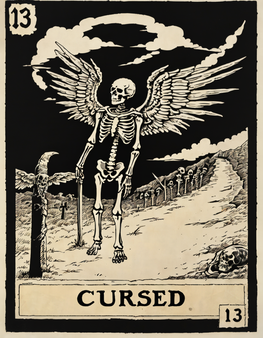 <lora:wdct-000007:0.8>black border,  the word "cursed", skeleton with wings, the number 13,